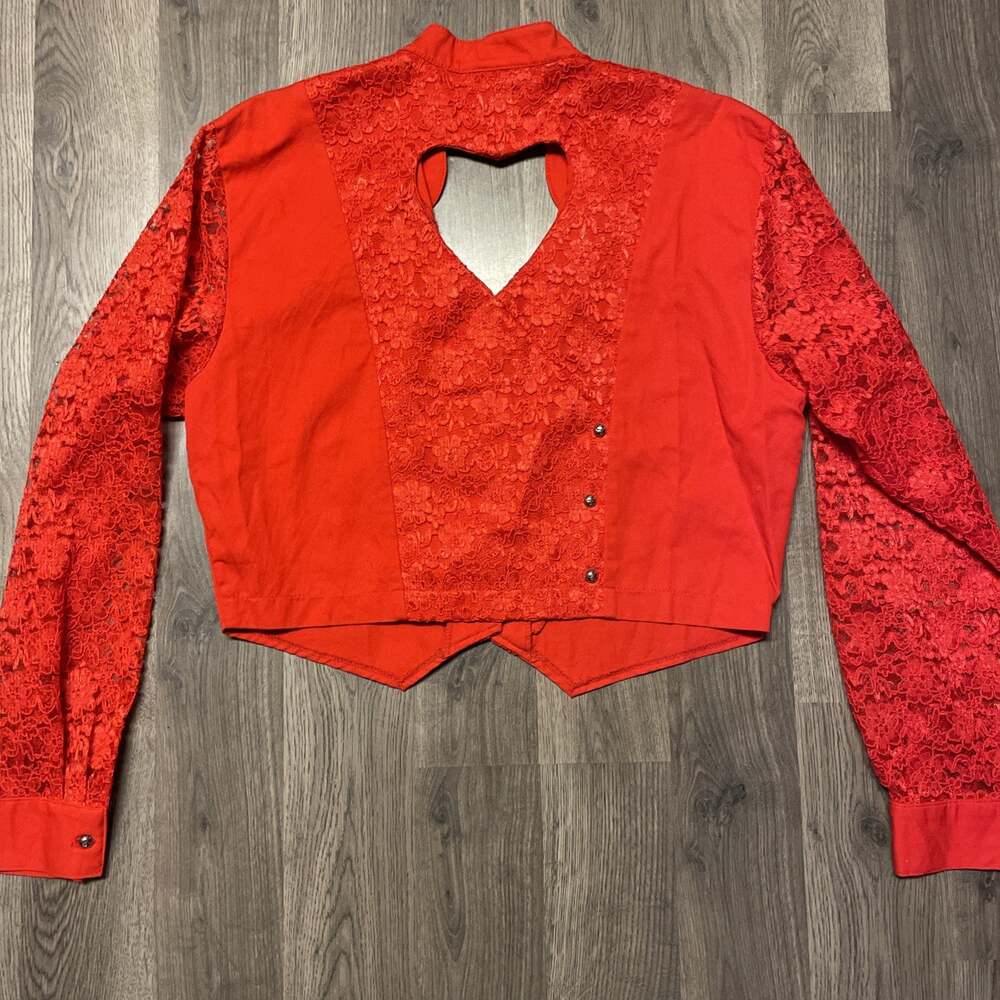 VTG Banjo Dallas Texas Red Heart Cutout Lace Crop Western Shirt L